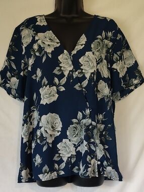 Pleione Navy Floral V-Neck Short Sleeve Blouse